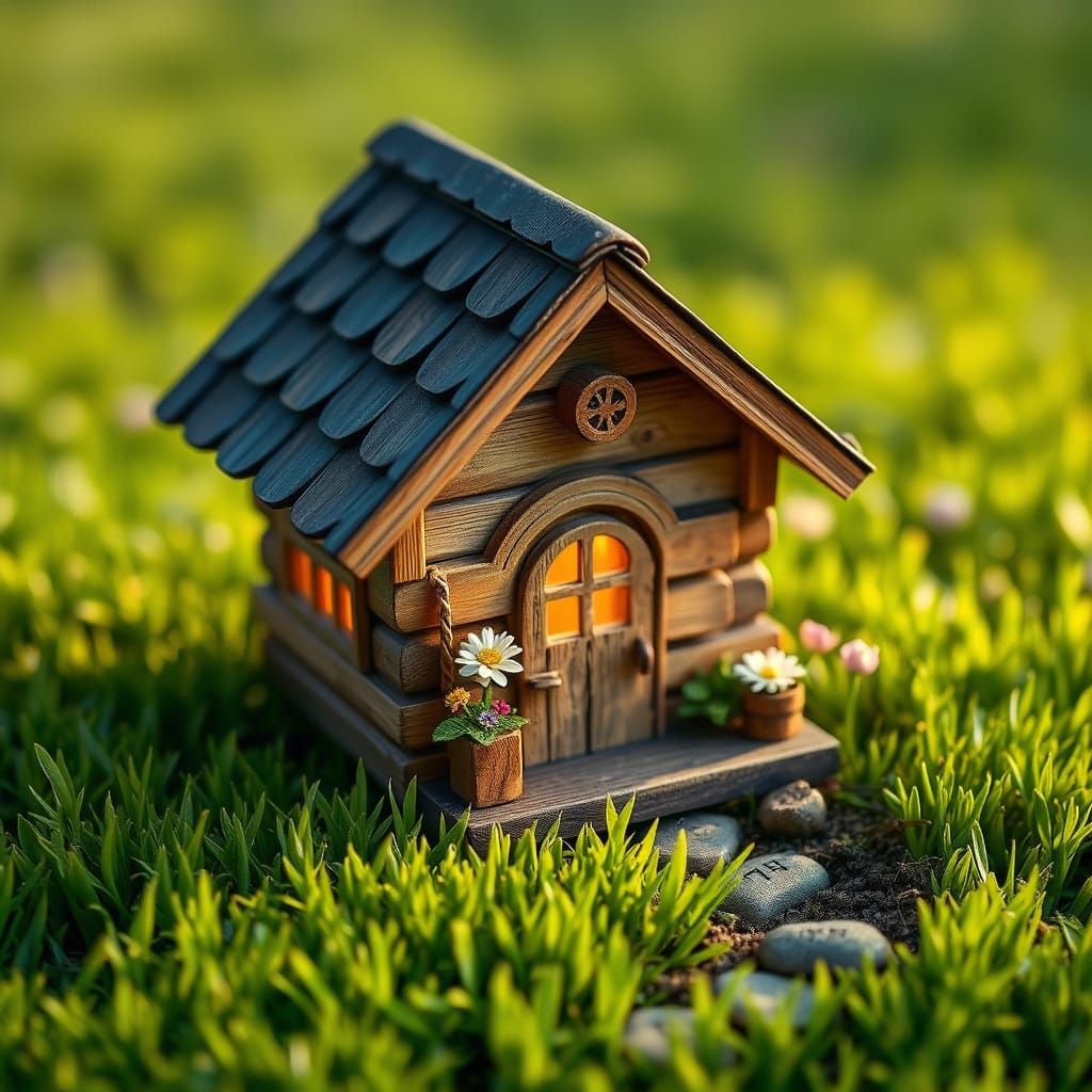 Tiny Wooden House in Lush Field, Macro Fantasy Render