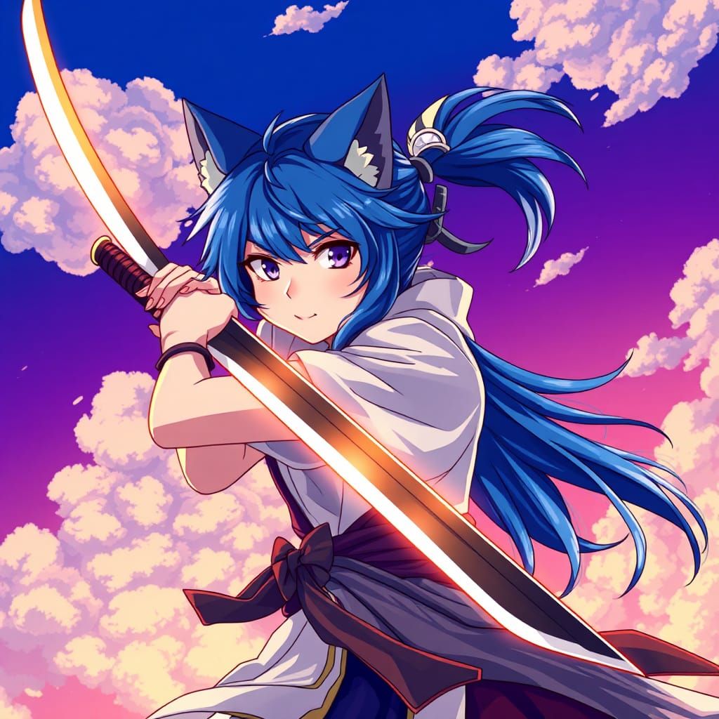 Anime Wolf Girl Swordswoman with Katana in Studio Trigger St...