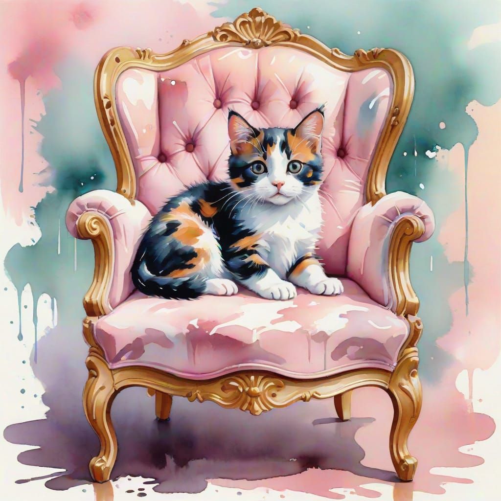 Whimsical Calico Kitten in Dreamy Watercolor Painting