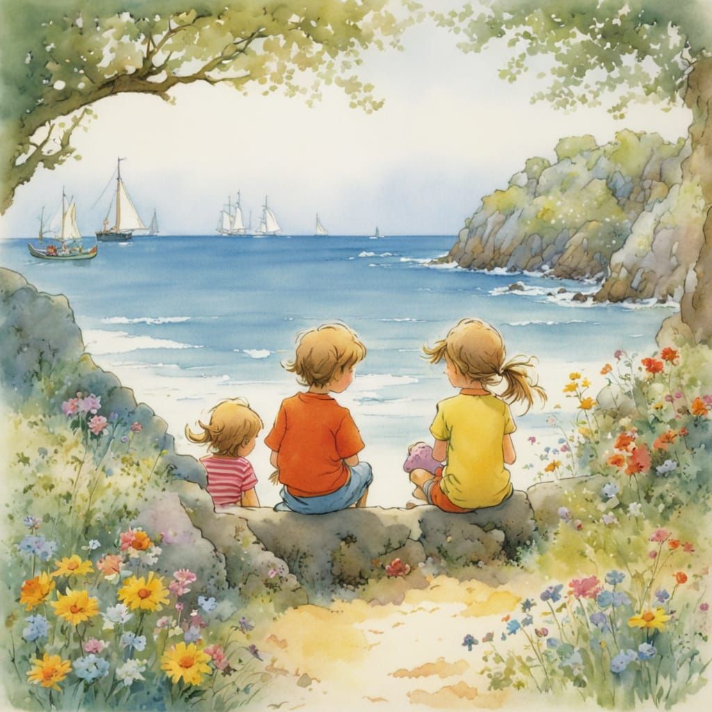 Brother and Sister Watching Ships, Cartoon Style