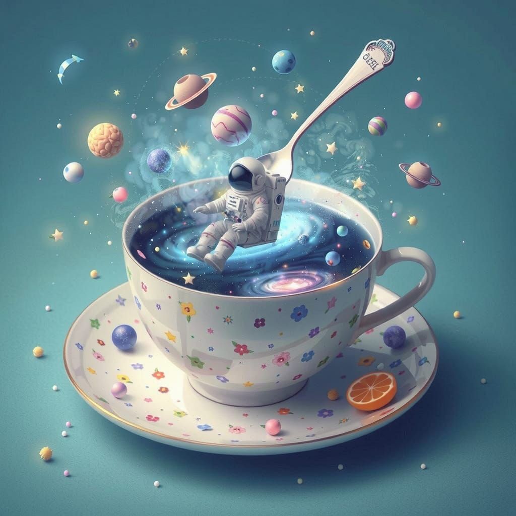 Whimsical Astronaut in Teacup with Floral Steam