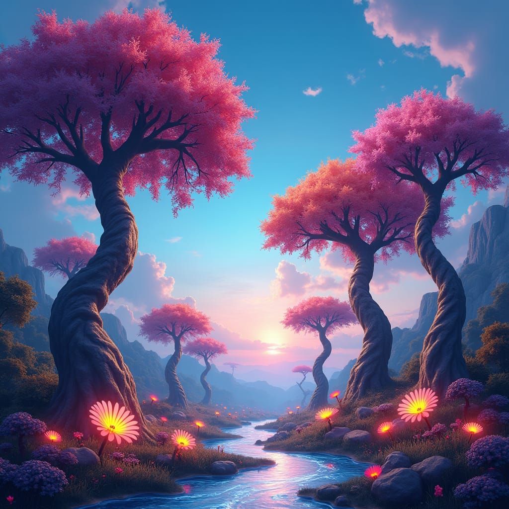 Vibrant Landscape with Spiral Trees: Dreamlike Worlds