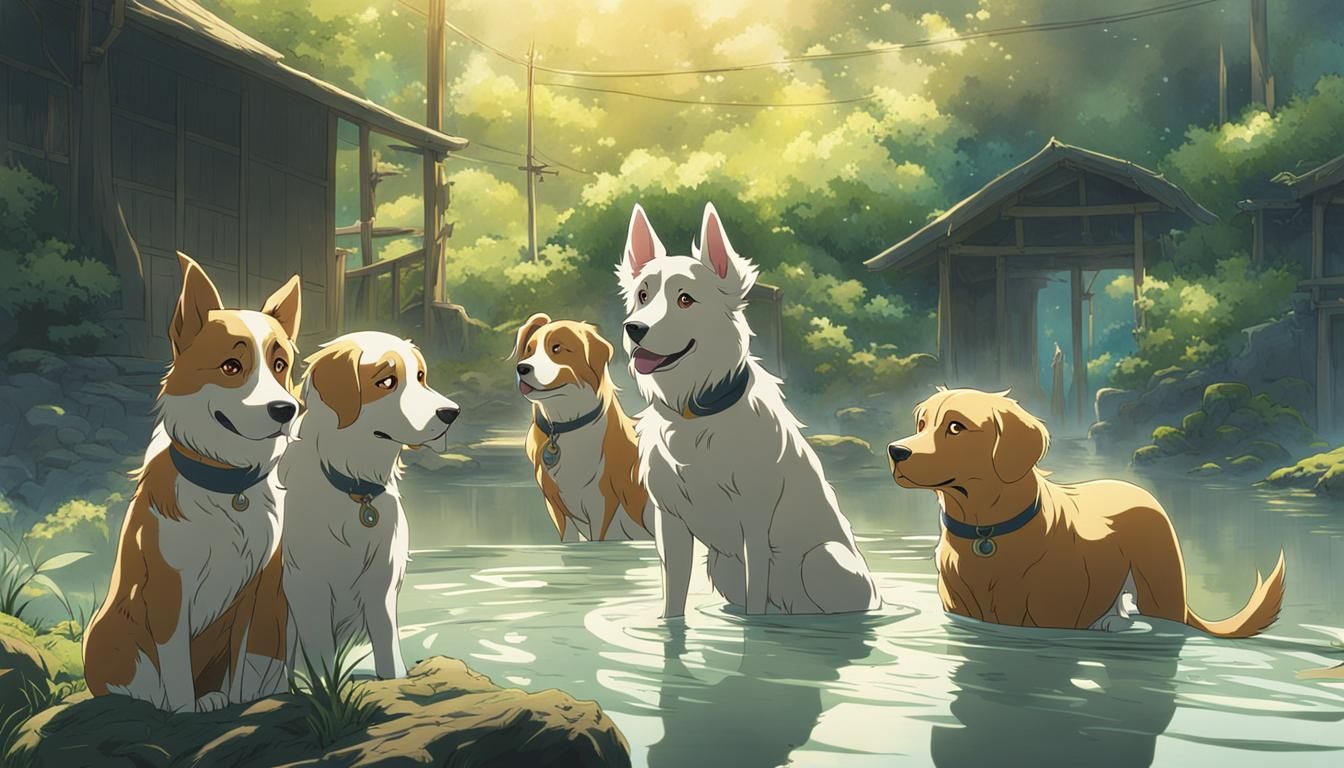 Dogs Relaxing at Hot Spring: Studio Ghibli Anime
