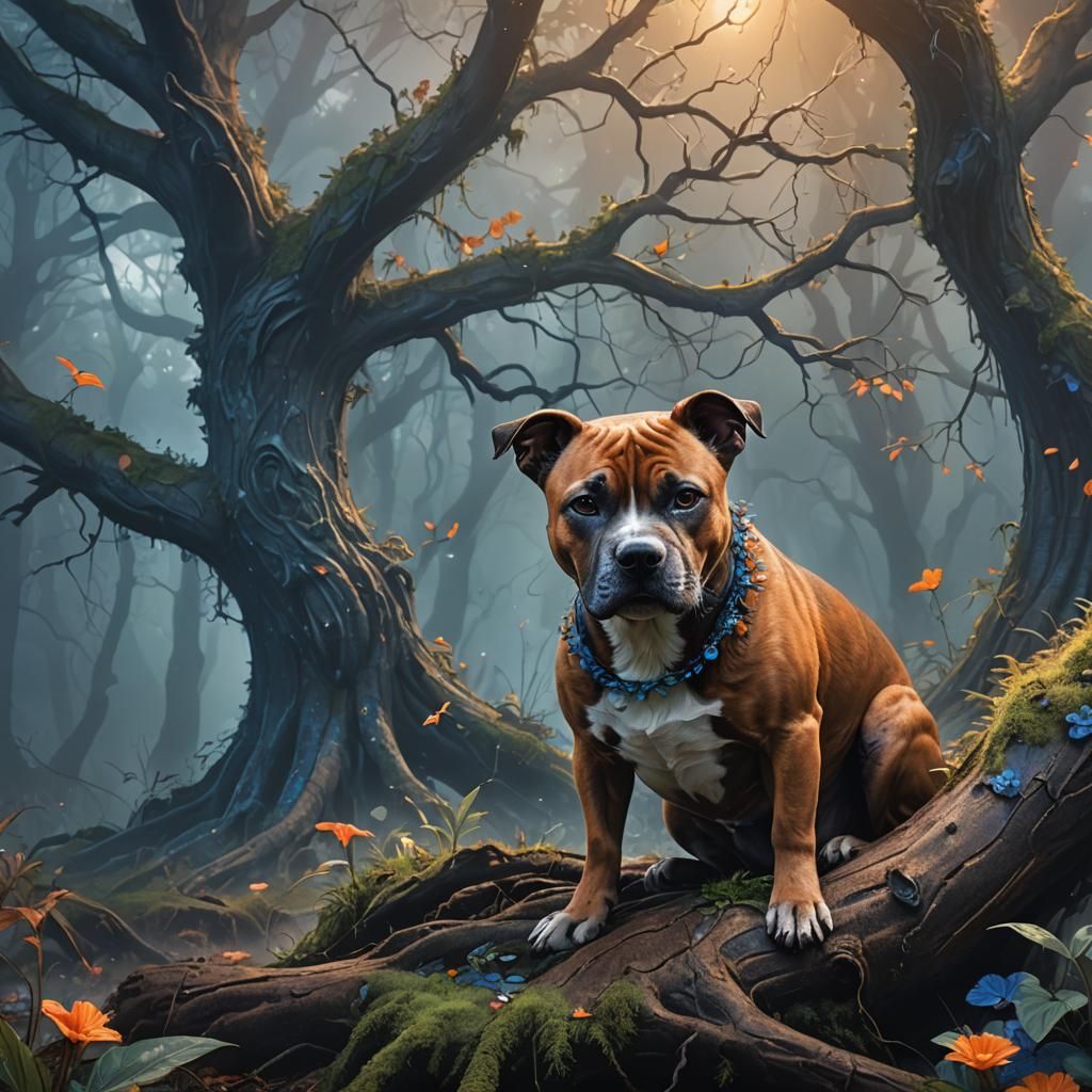 Mystical Staffy Dog in Misty Forest: Concept Art