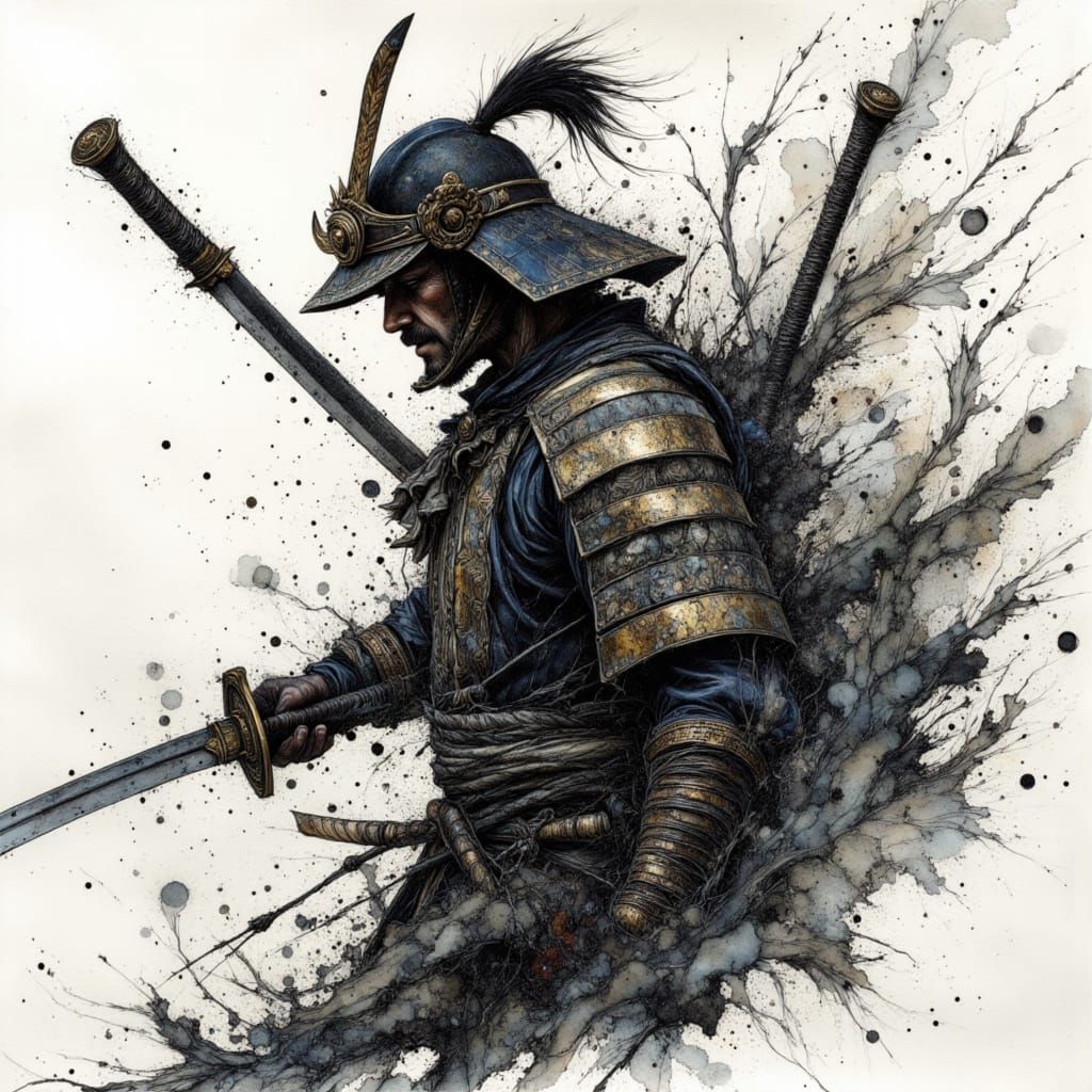 Fierce Samurai Warrior With Katana In Dynamic Ink Drawing