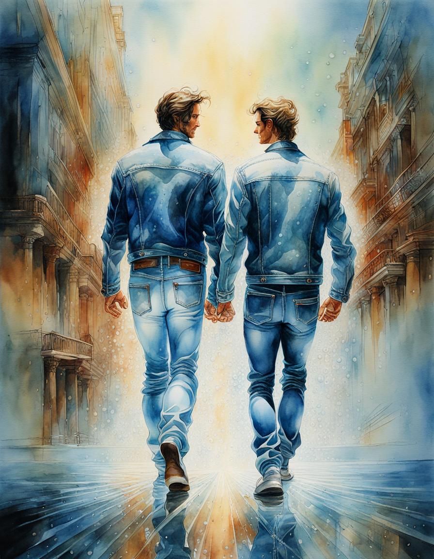 Men Walking: Dreamy Watercolor with Surreal Elements