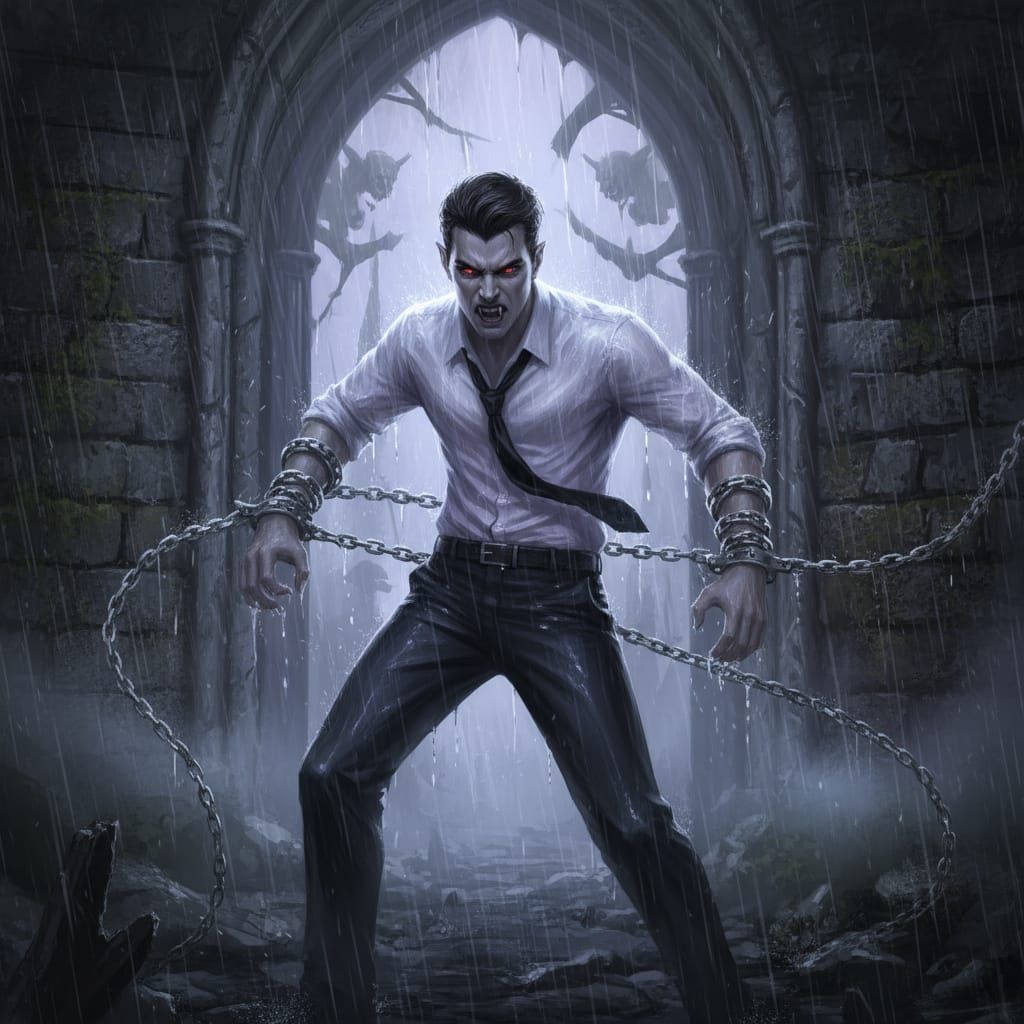 Vampire's Gothic Struggle in Rain-Soaked Tower