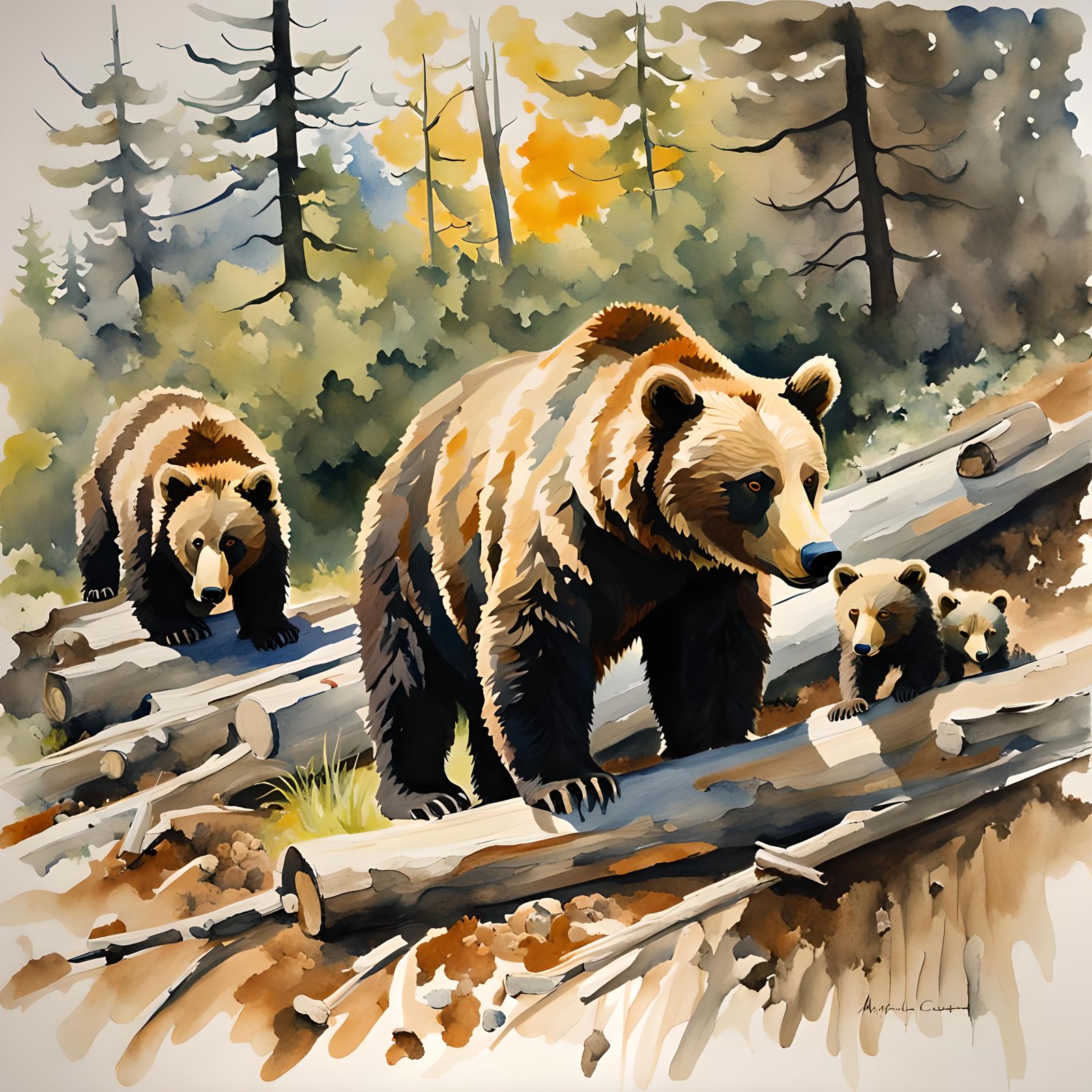 Brown Bear Family in Watercolor Gouache Style