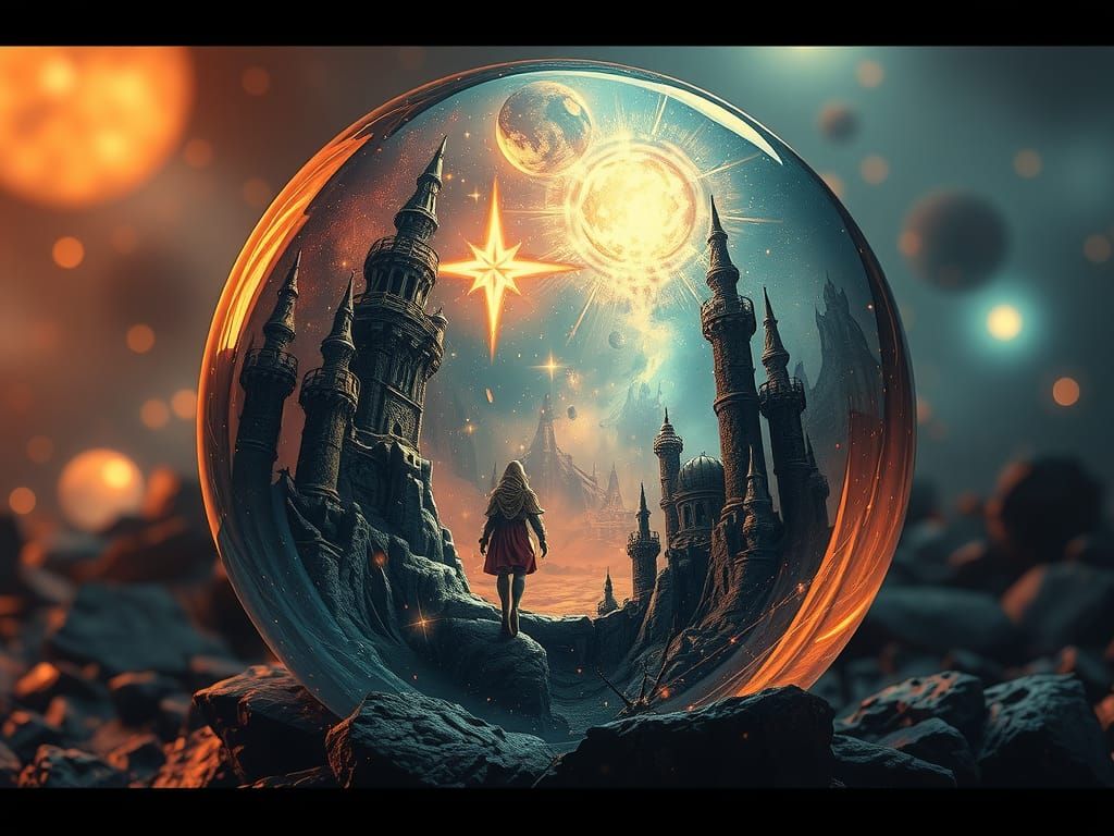 Mystic Dreamscape Inside Glass Orb, Detailed Illustration