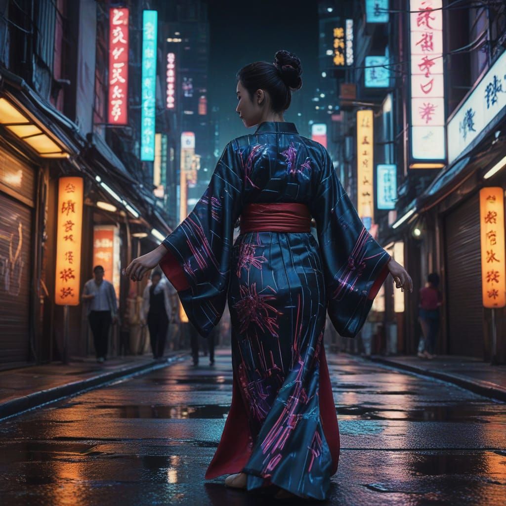 Cyberpunk Geisha Dances in Neon Alleyway