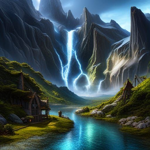 Fantastical Waterfall Scene in Detailed Matte Painting