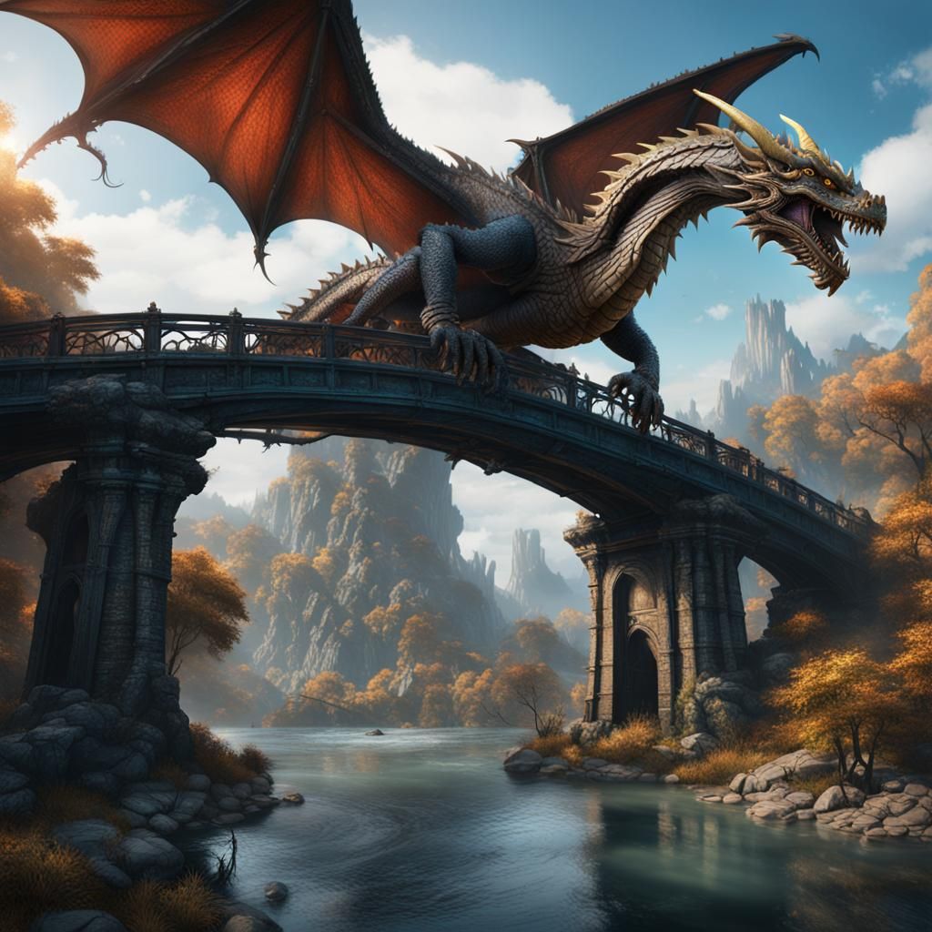 Dragon Saves Collapsing Bridge: Fantasy Concept Art