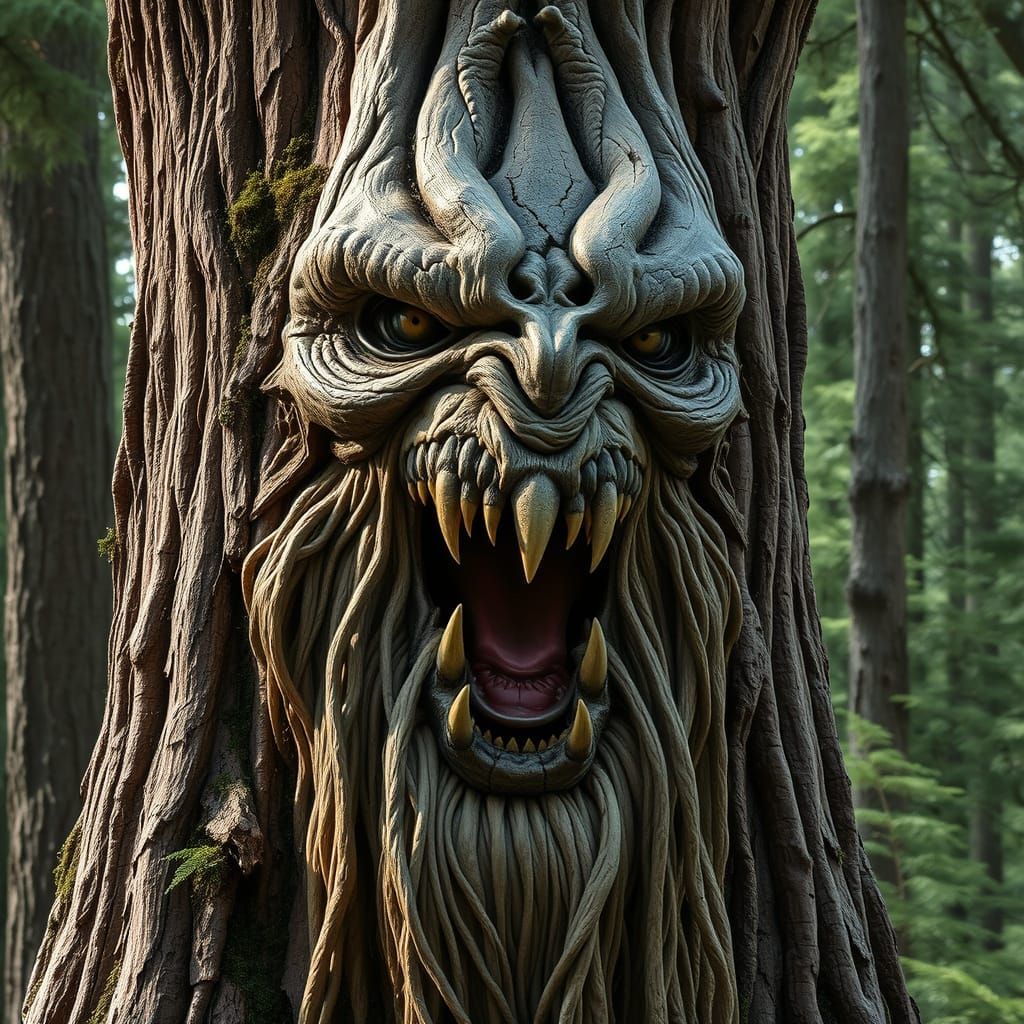 Fantasy Creature Emerges from Ancient Tree Trunk in Photorea...