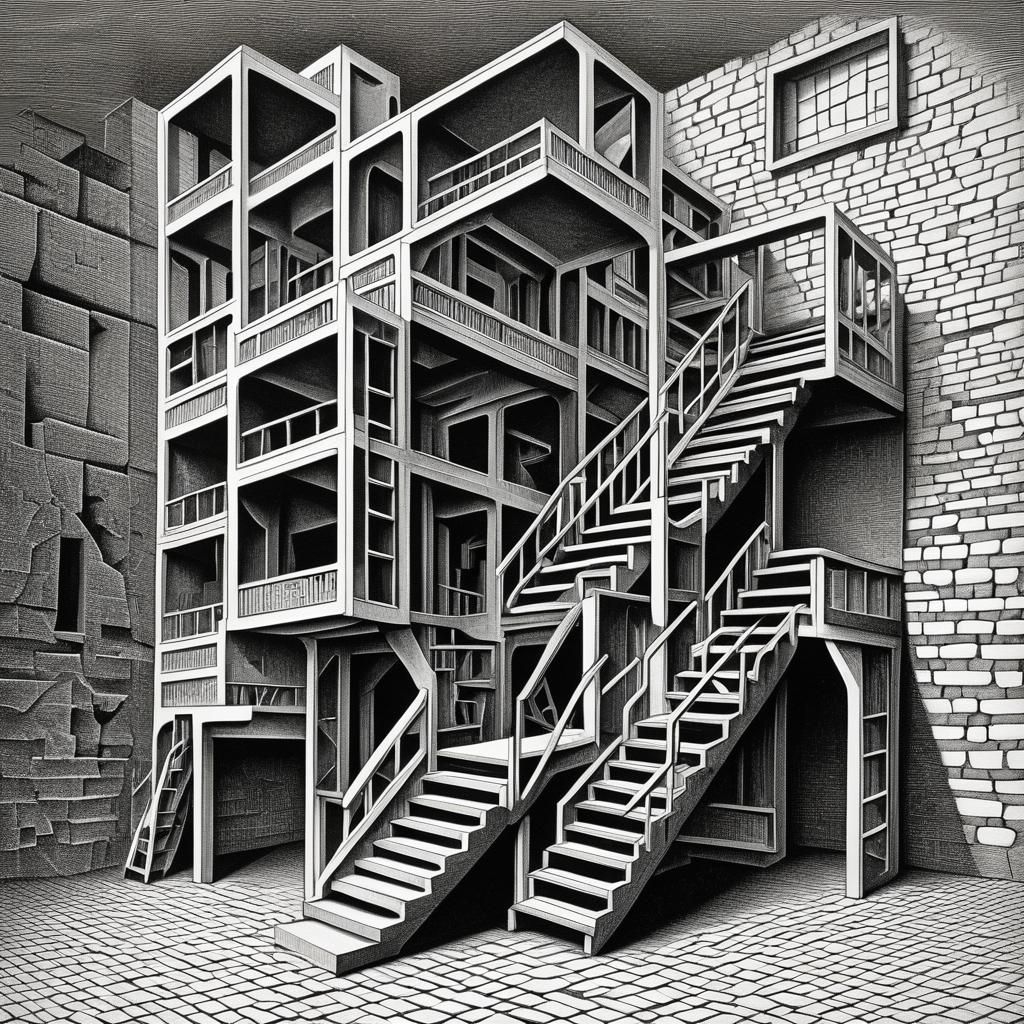 Impossible Object in Escher Style Lithograph
