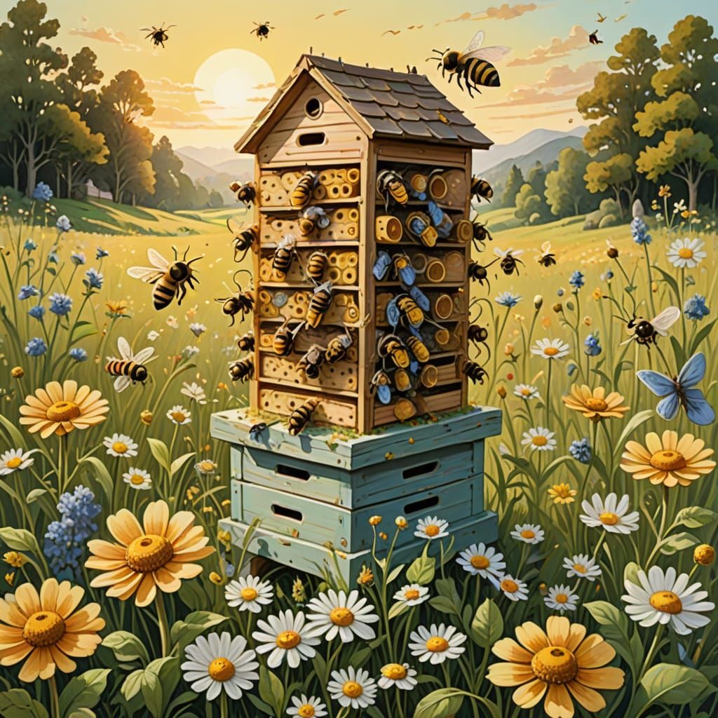 Whimsical Gouache Illustration of Bees Building a Lush Meado...