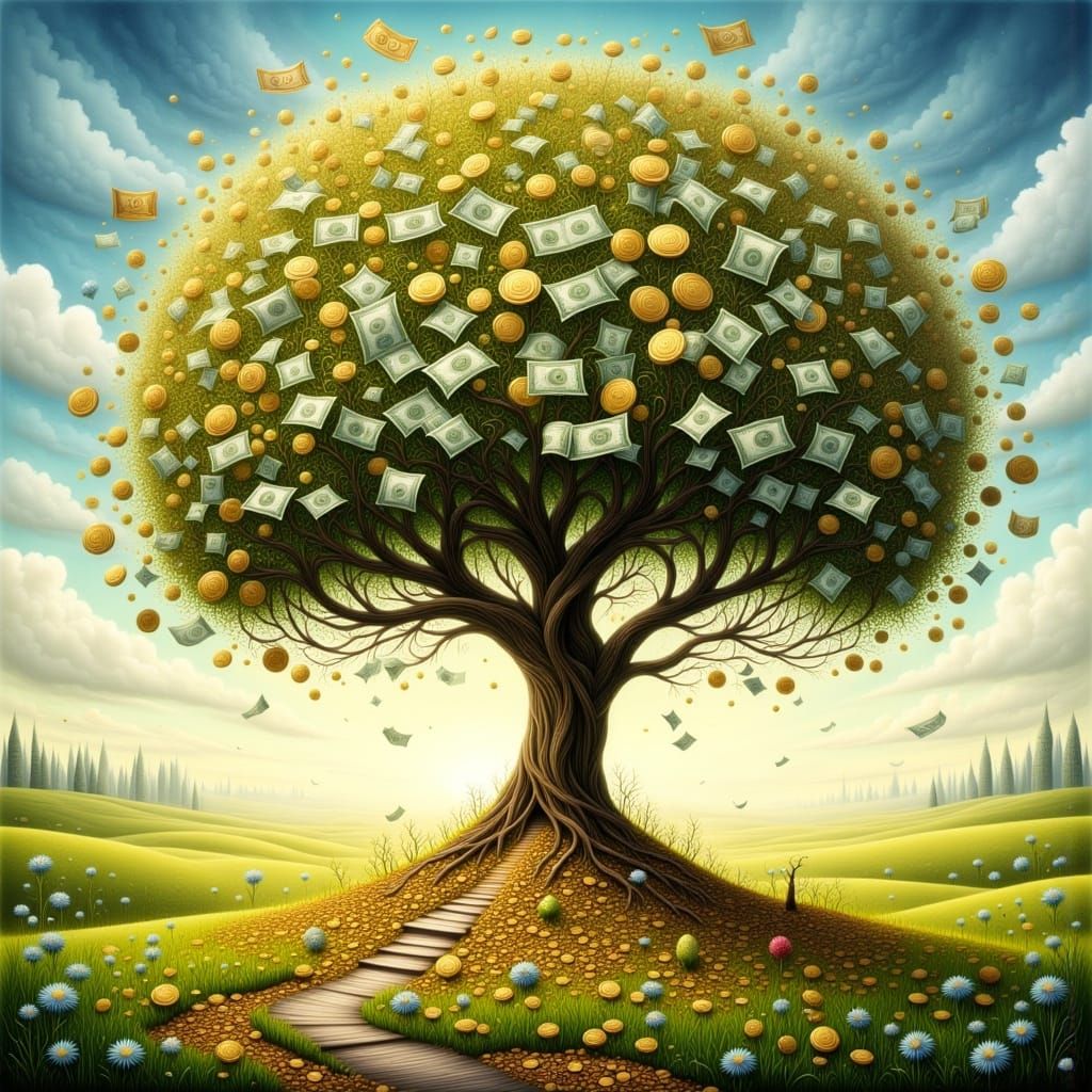 Fantastical Money Tree in Sunlit Meadow