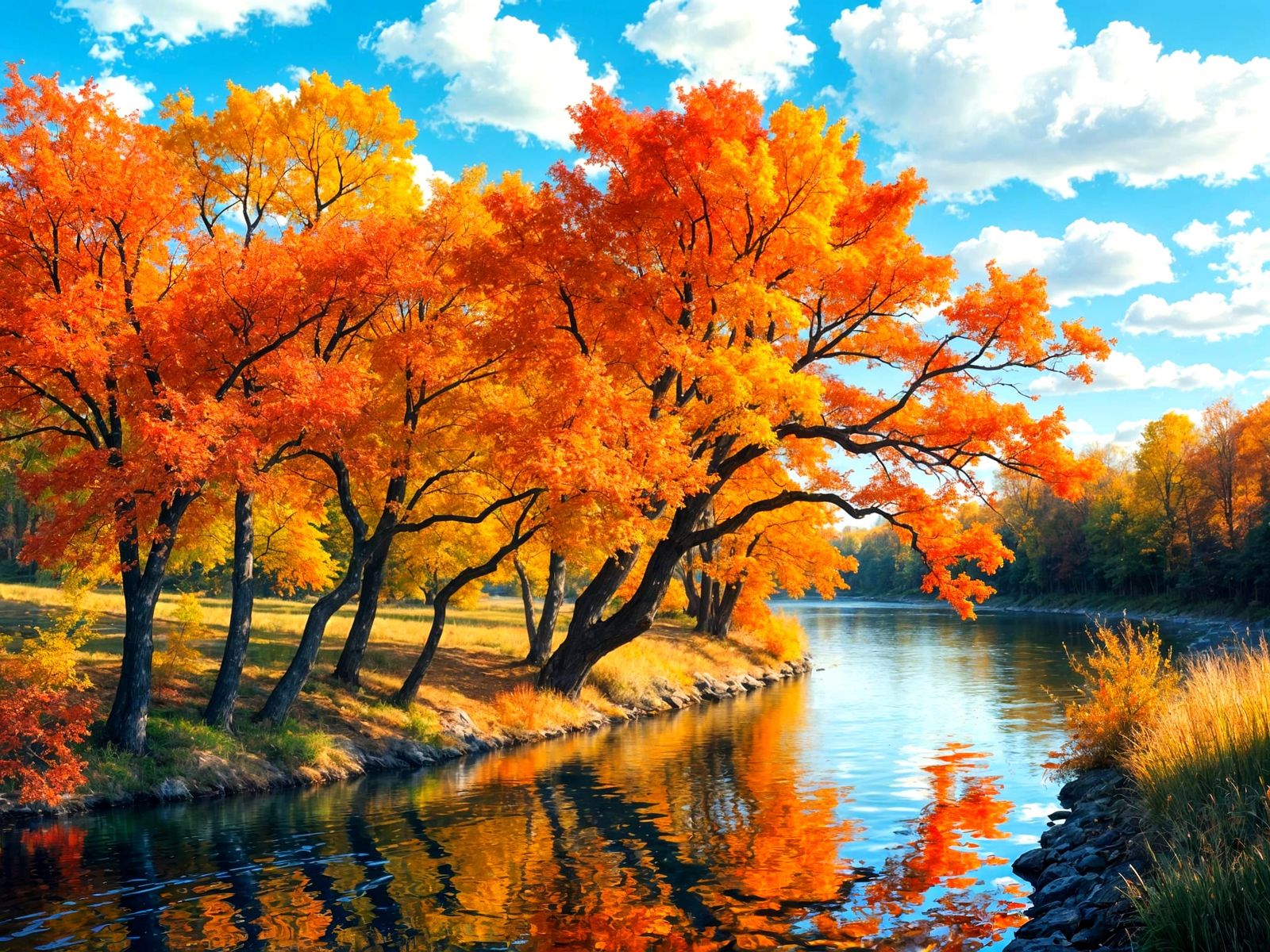 Autumn Watercolour Painting of Liquidambars by a River