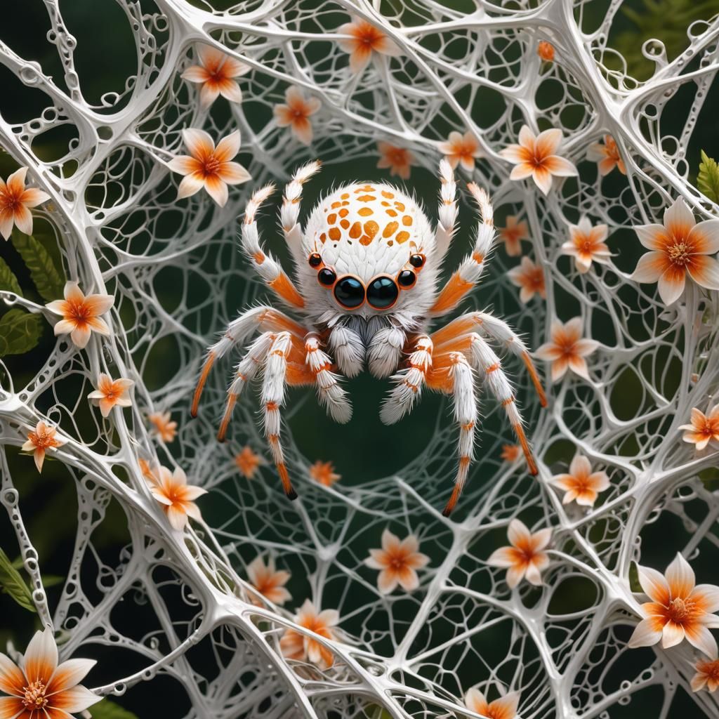 Hyperrealistic Jumping Spider in Iridescent Jungle Web