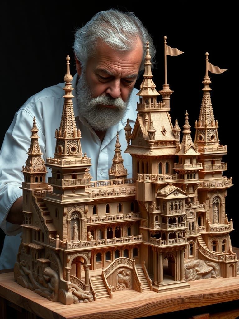 Intricate Wooden Castle Carving by Focused Craftsman