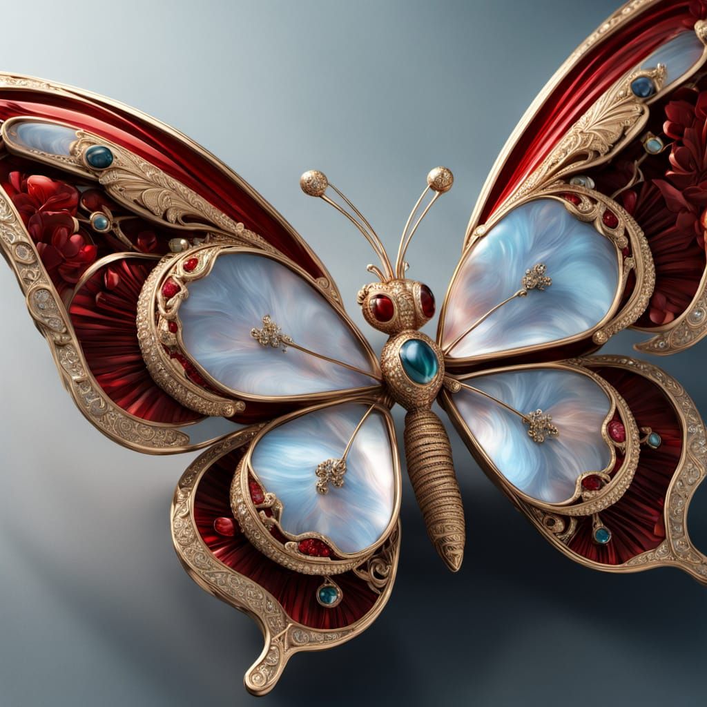 Golden Butterfly Brooch with Gemstones in Russian Folk Style