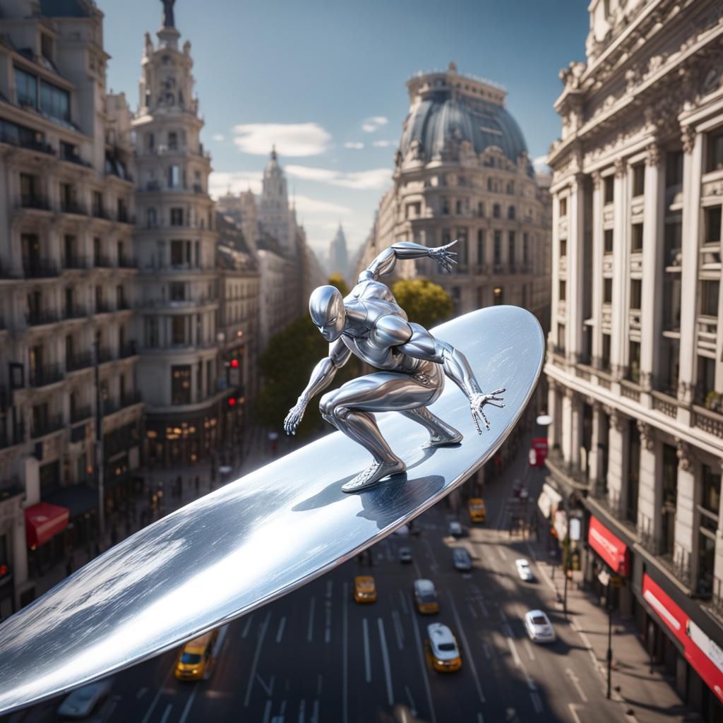 Silver Surfer Over Madrid: Detailed Matte Painting