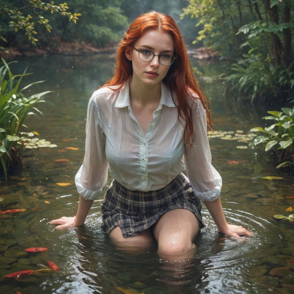 Redhead Emerges from Magical Pond in Hyperdetailed Fantasy A...