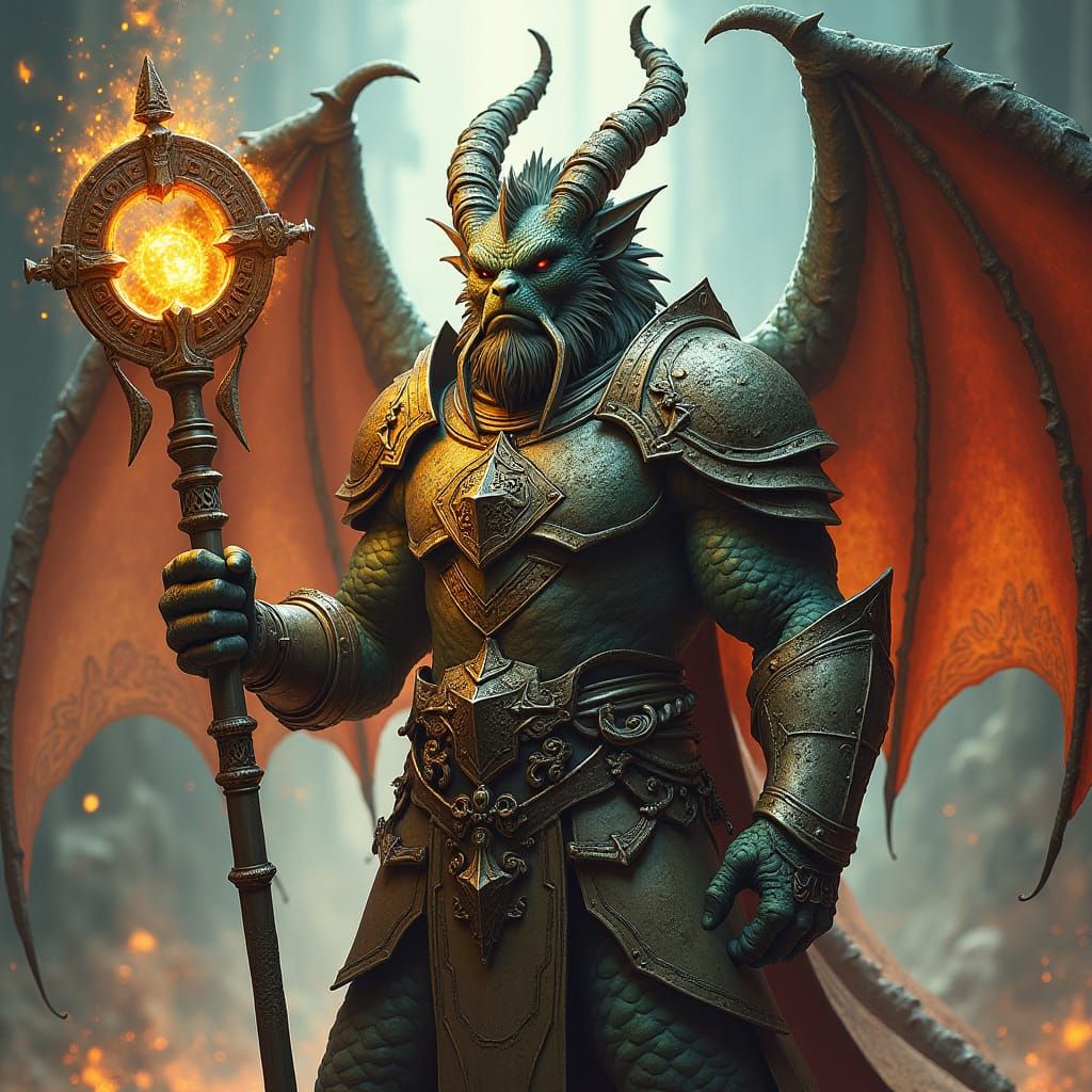 Dragonborn Warrior with Magic Staff, Comic Book Art