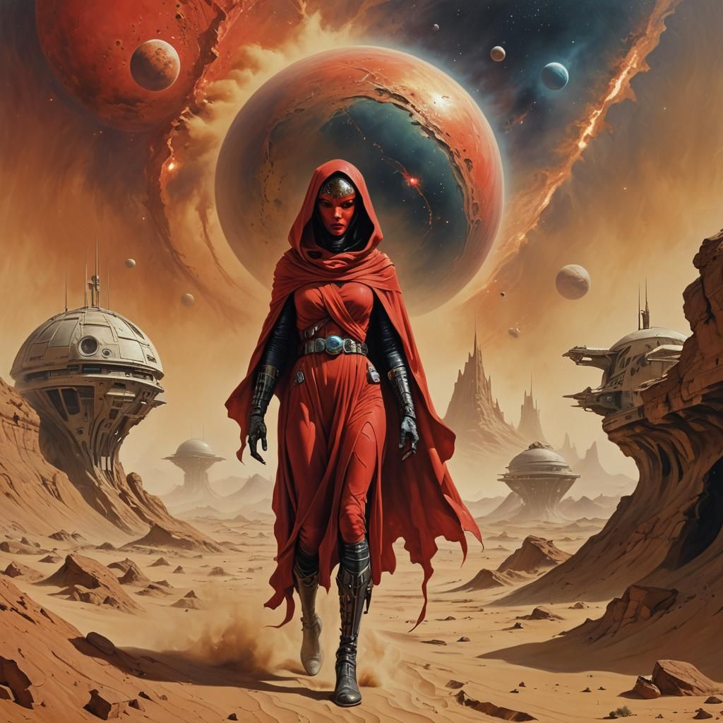 Alien Girl in Desert Sandstorm: Boris Vallejo Style