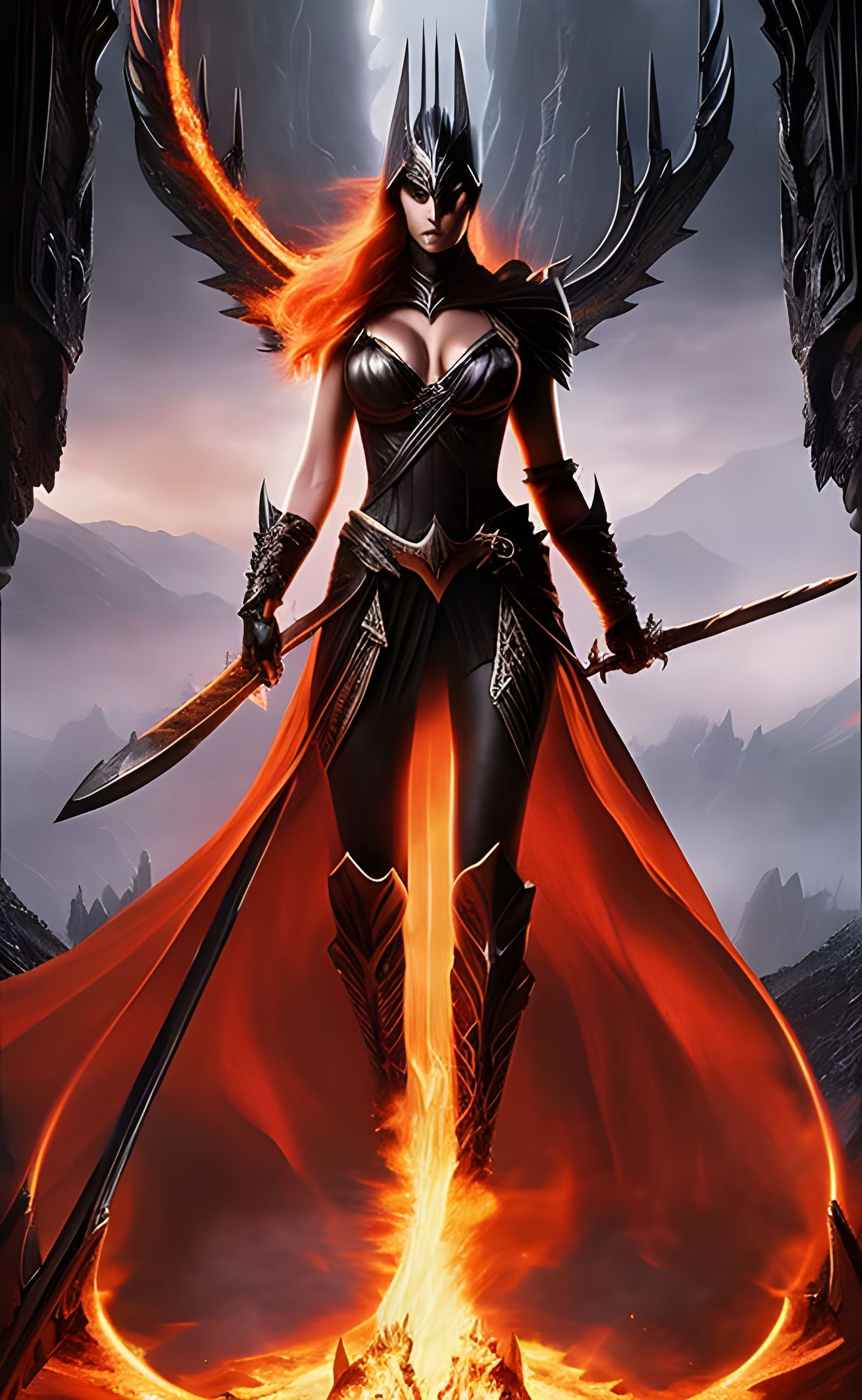 Demonic Woman in Fiery Hellscape, Dark Fantasy Art