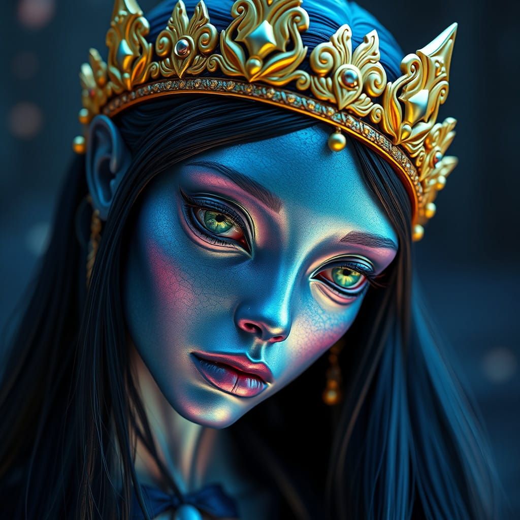 Ethereal Arcturian Alien with Iridescent Blue Skin and Golde...