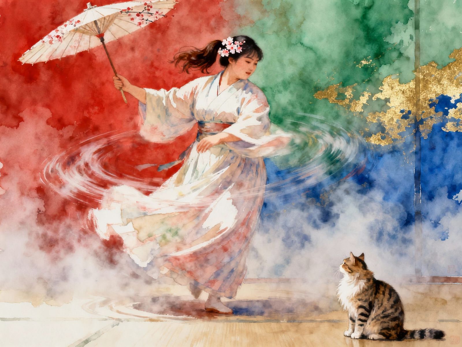 Woman Dancing with Sakura in Foggy Watercolor Style