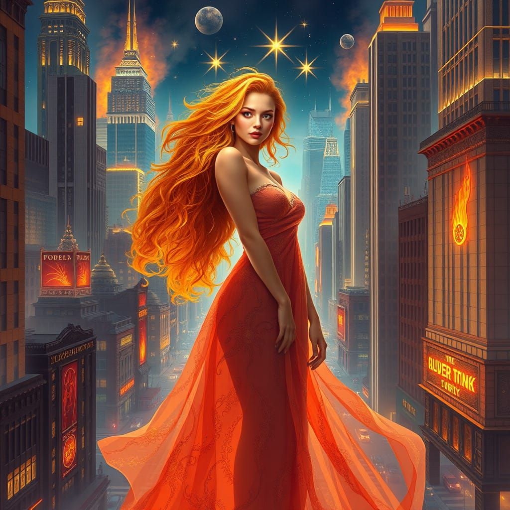 Radiant Woman Illuminates Cityscape in Cyberpunk Aesthetic