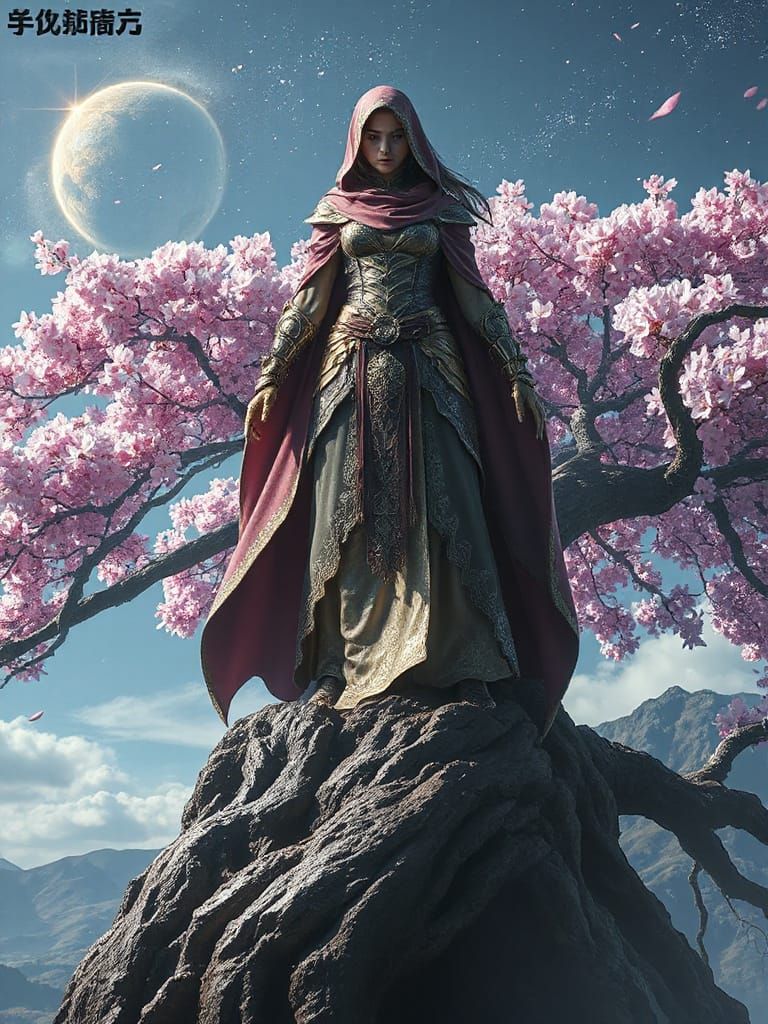 Sorceress on Ancient Sakura Tree Gazing at Nebula