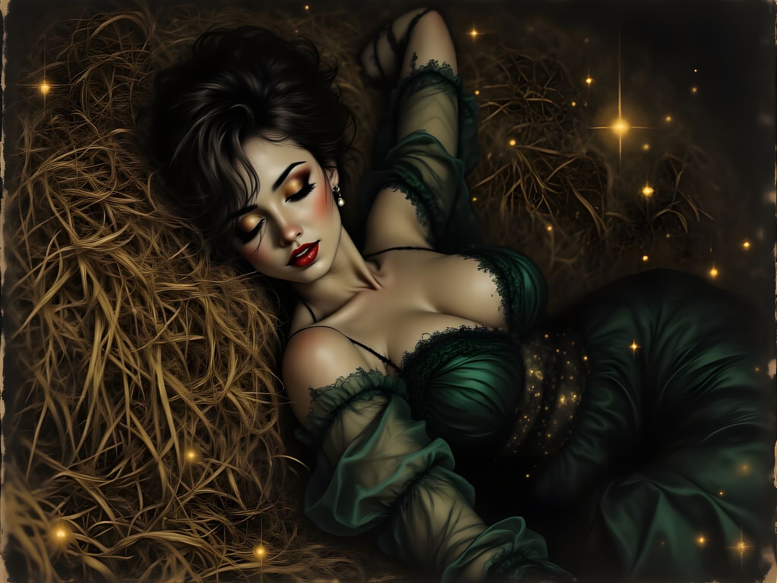 Norse Goddess Reclining in Moody Hayloft