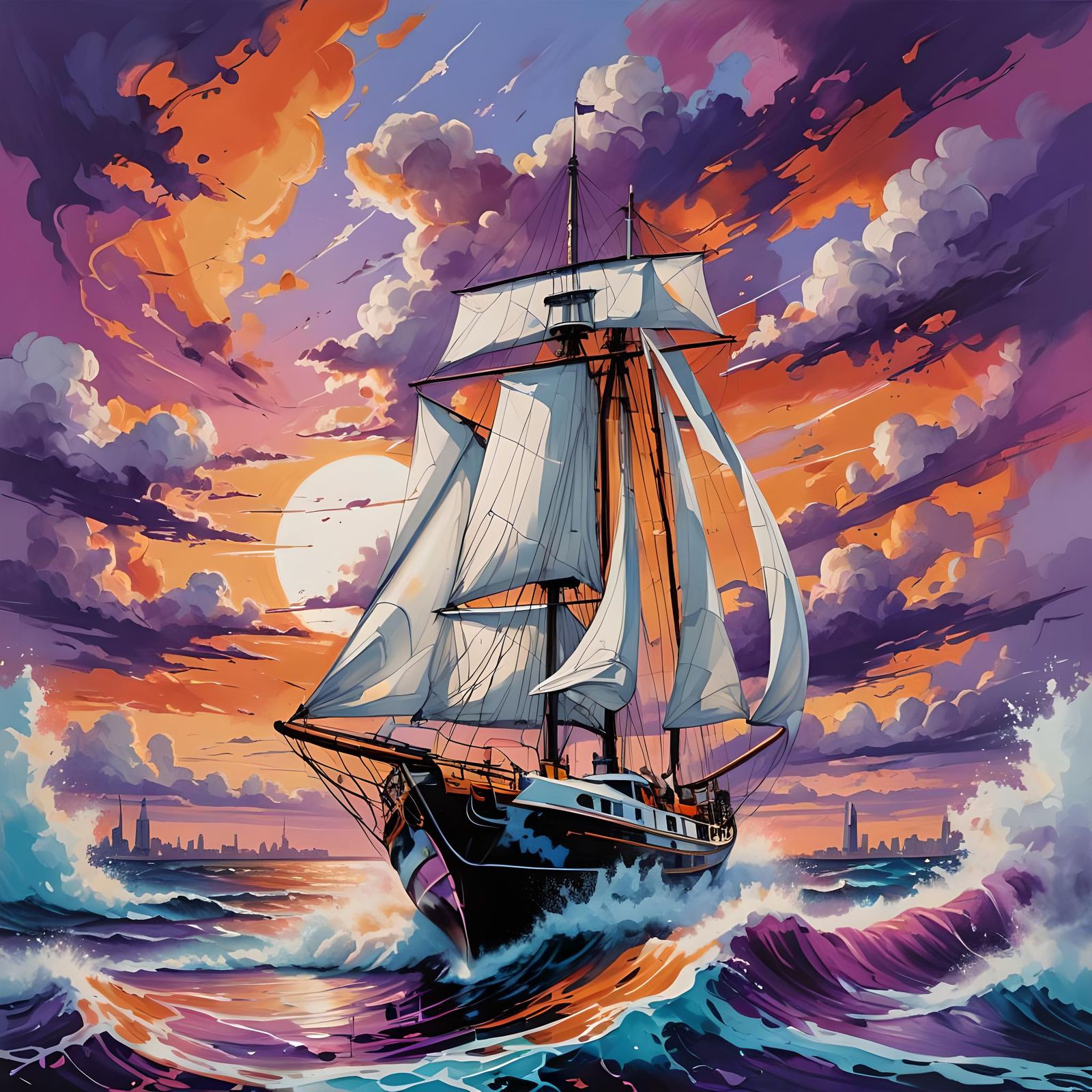 Yacht at Sunset in Graffiti Art Style