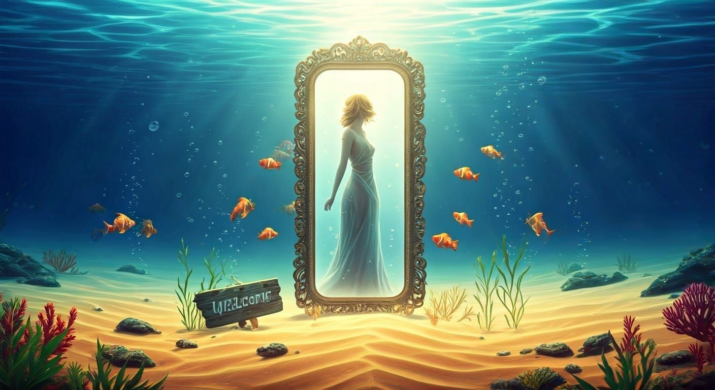 Surreal Underwater Scene with Glowing Mirror and Iridescent ...