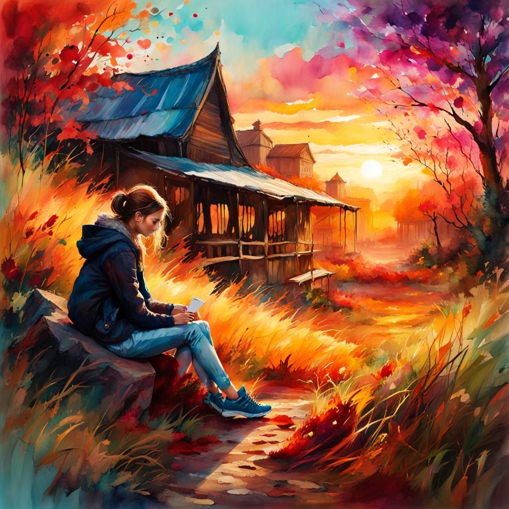 Girl in Seasonal Sunset: Digital Watercolor Art