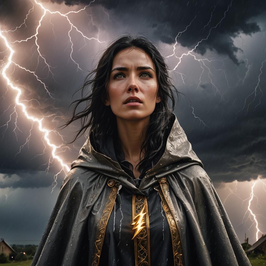 Defiant Woman in Lightning Storm: Hyperrealistic Fantasy Art