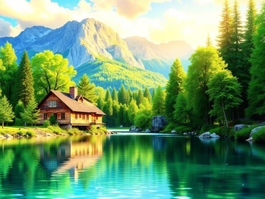 Serene Lakeside House at Sunset in Painterly Style