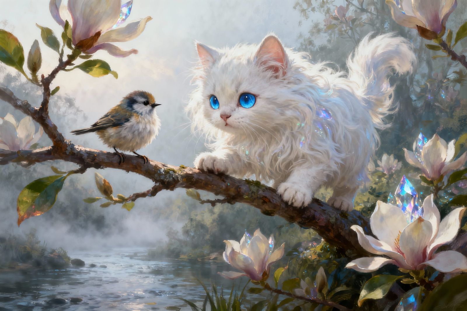 Cute Chibi Cat on Magnolia Branch, Oil Painting