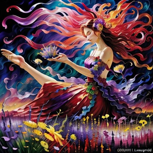 Woman amonst the meadow flowers landscape