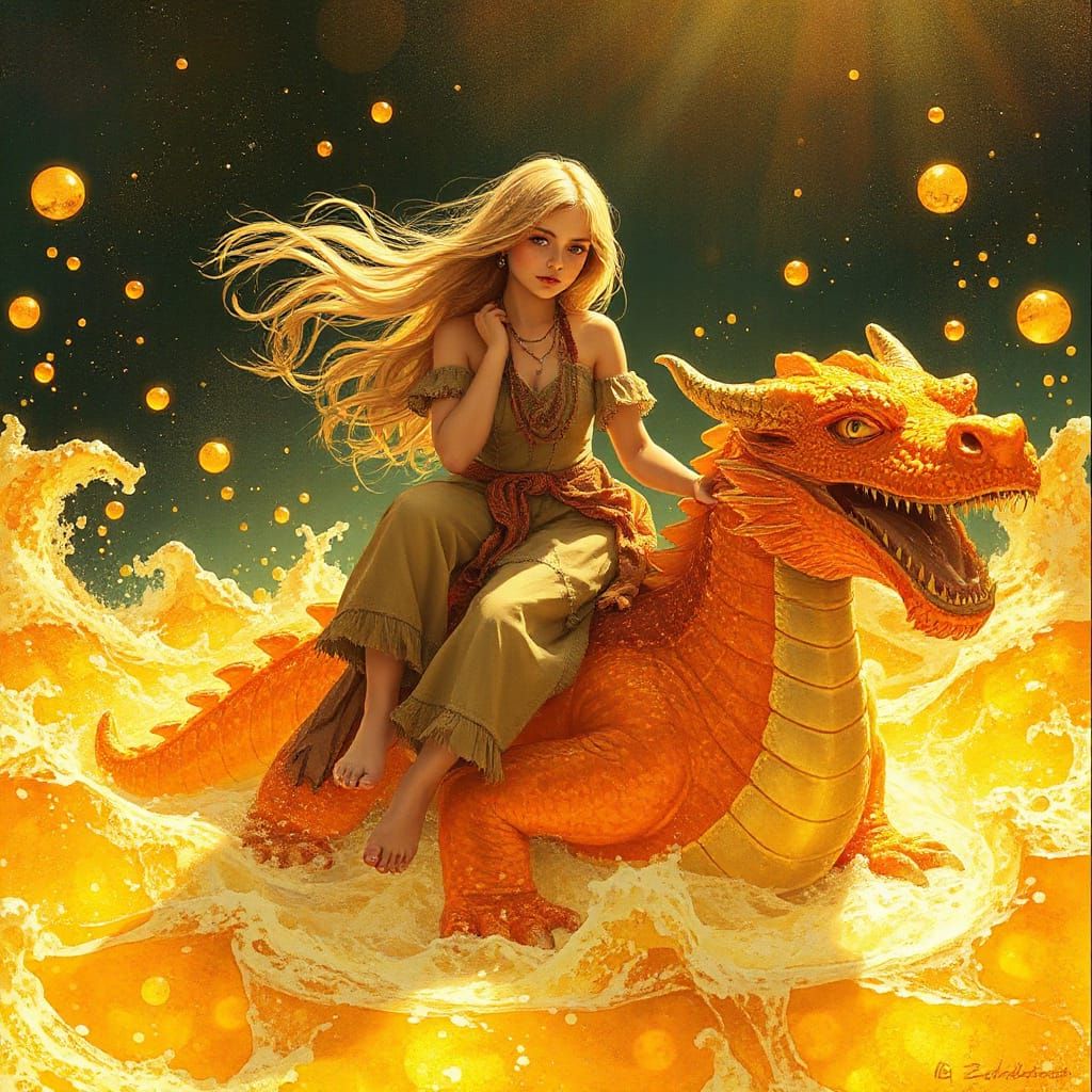 Golden-Haired Woman on Gummy Dragon in Soda Sea