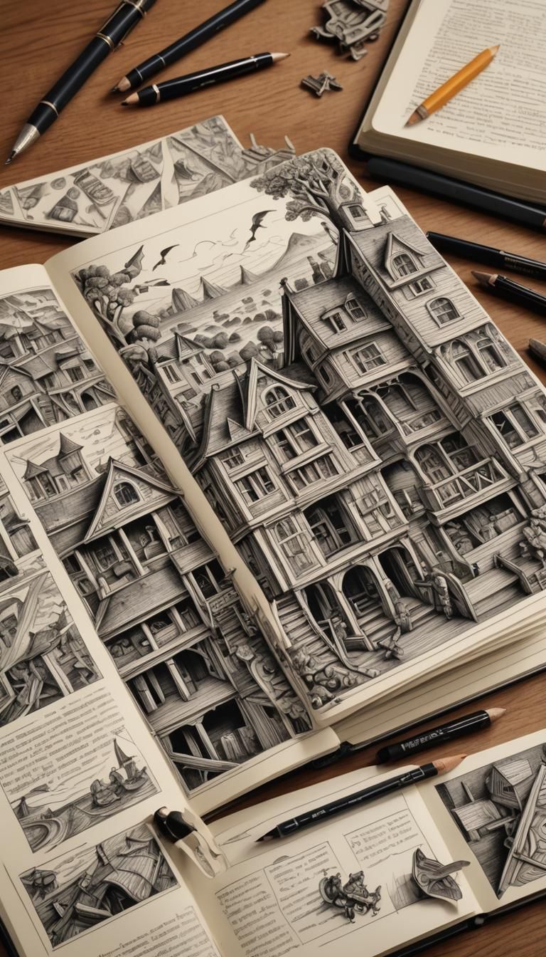 Intricate Notebook Art in Pen and Ink Style