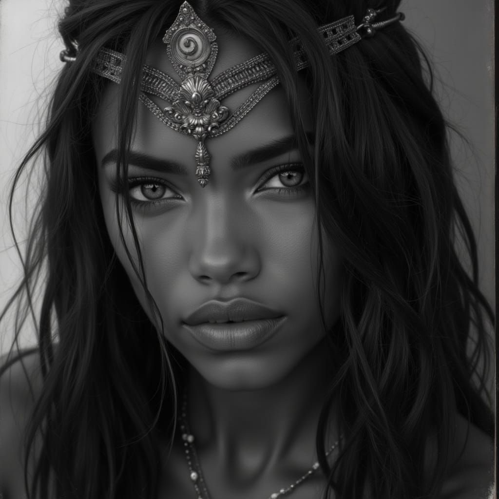 Black Warrior Goddess with Red Lips in Studio