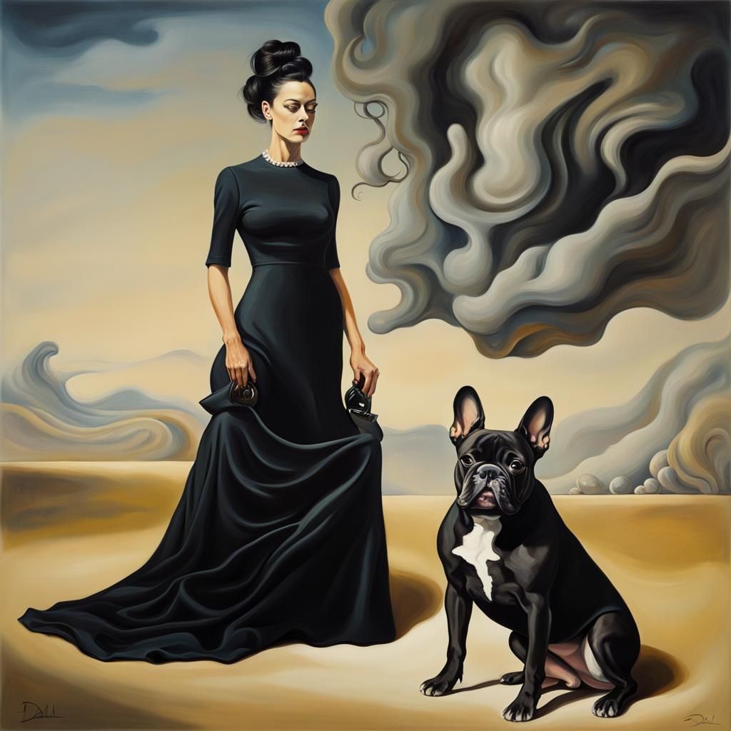 Surreal Brindle Bulldog with Elegant Woman, Dali Style