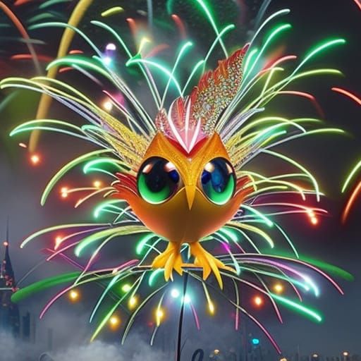Baby Phoenix Bird in Fireworks Display, 3D Render