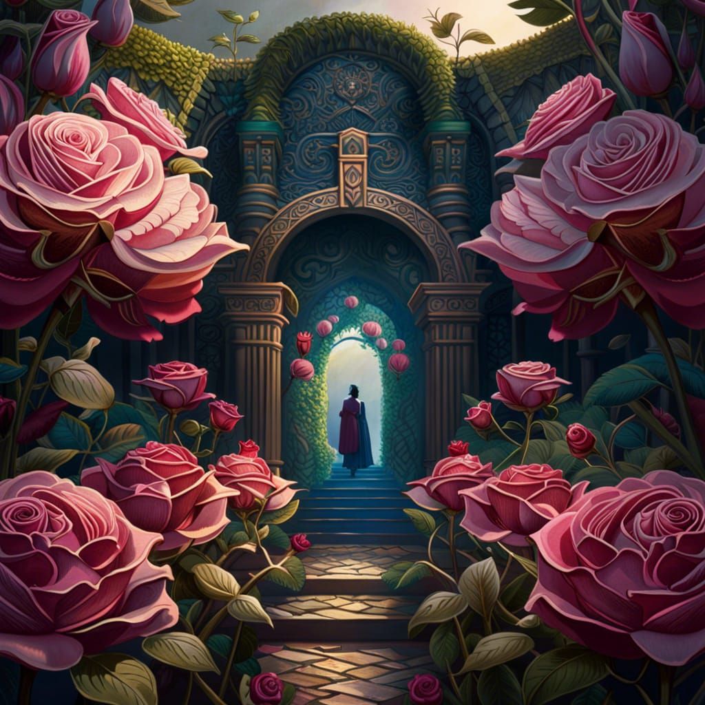 Rose Hedge Maze: Intricate Fairytale Illustration