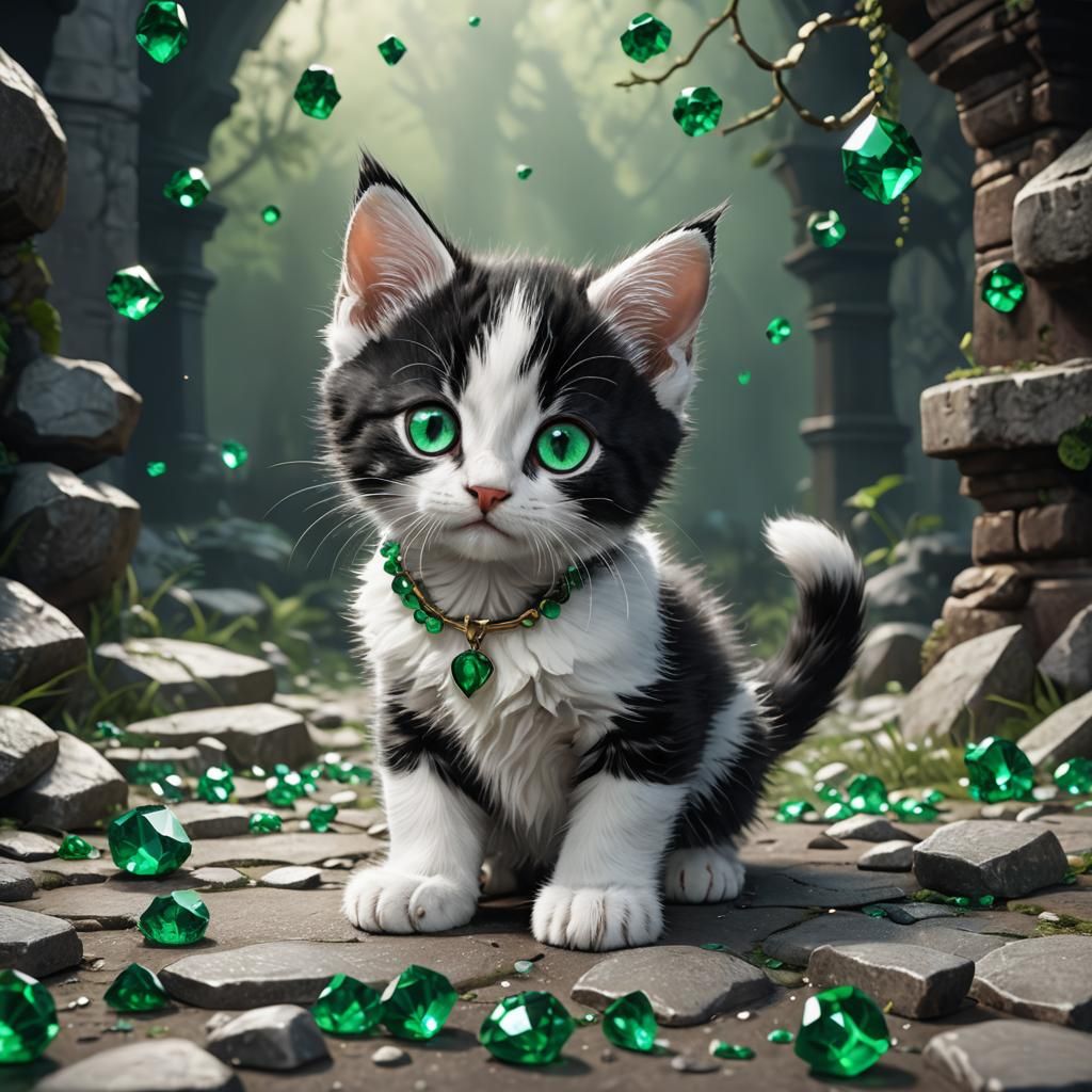 Emerald-Eyed Kitten: Detailed Fantasy Concept Art