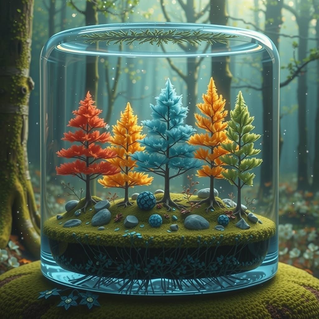 Seasonal Trees Within Crystal Glass Container