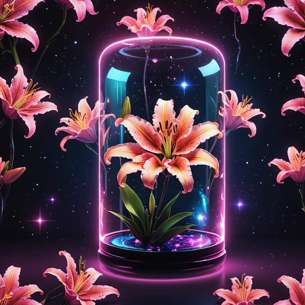 Cosmic Lily in Glass Cylinder, Synthwave Neon